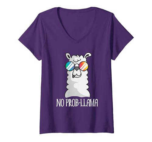 Llama Life Apparel Women's No Prob-Llama No Problem Cute Funny Cool Llama Alpaca V-Neck T-Shirt - size chart