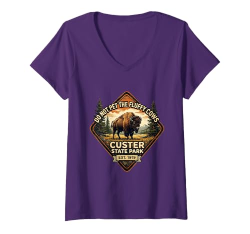 Mademark Women's Do Not Pet The Fluffy Cows Custer State Park Design V-Neck T-Shirt - size chart
