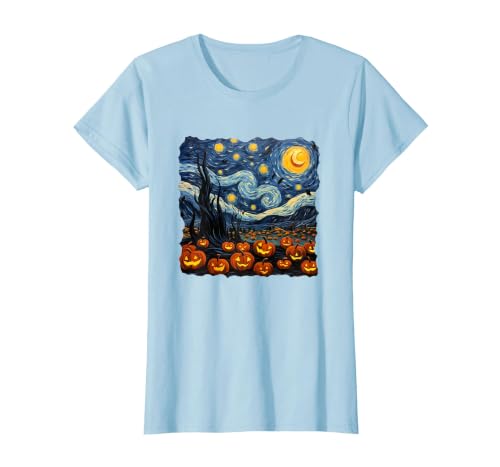 Teacher Halloween by K Halloween Pumpkin Starry Night Van Gogh Funny Art Teacher T-Shirt - size chart