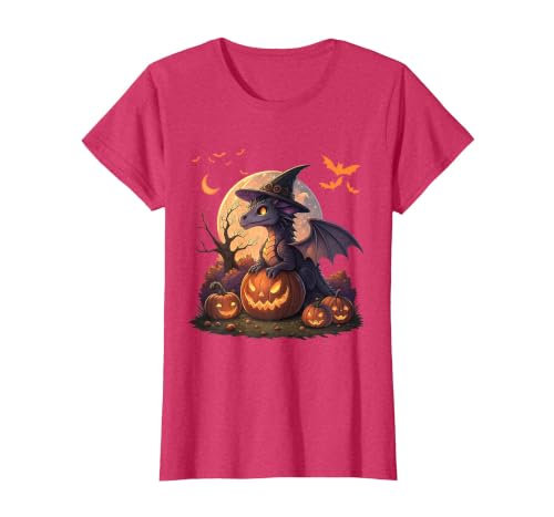 Halloween Dragons Fantasy Spooky Witchy Cute Halloween Dragon Witch Hat Pumpkin Moon Fantasy T-Shirt - size chart