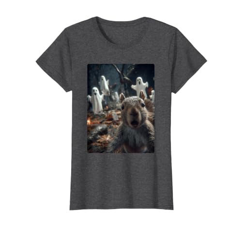 Funny Halloween Animals Selfies Clothing Funny Squirrel Selfie with Ghosts Haunted Forest Halloween T-Shirt - size chart