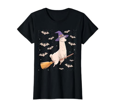 Llama Witch Halloween Funny Witch Broomstick Llama Lovers Spooky Halloween Costume T-Shirt