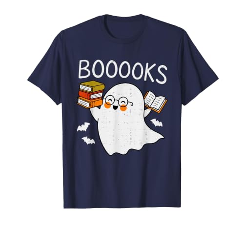 Halloween Tees for Women Men Kids Booooks Ghost Reading Halloween Library Librarian Teacher T-Shirt - size chart