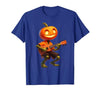 Funny Pumpkin Head Halloween Ukulele Tees Pumpkin Face Playing Ukulele Halloween Costume Men Boys Kids T-Shirt - size chart