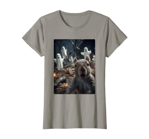Funny Halloween Animals Selfies Clothing Funny Squirrel Selfie with Ghosts Haunted Forest Halloween T-Shirt - size chart