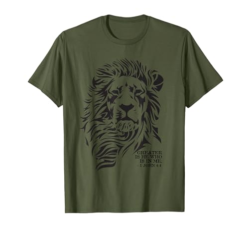 Christian Faith Apparel Lion of Judah Greater is He T-Shirt - size chart
