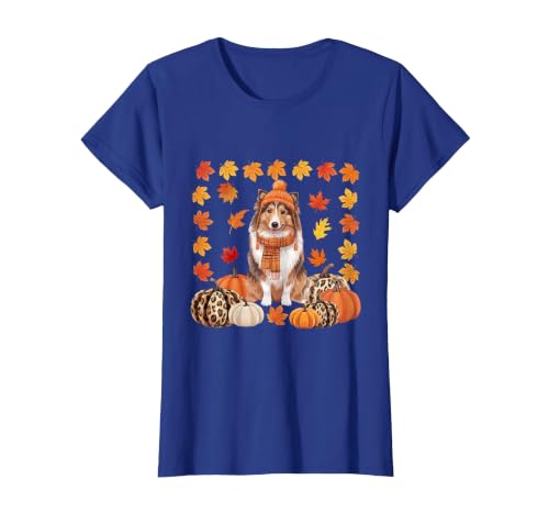 Shetland Sheepdog Sheltie Shop Sheltie Shetland Sheepdog Pumpkins Fall Leaves Halloween T-Shirt - size chart