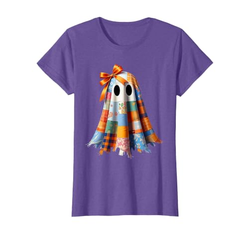 Patchwork Quilt Ghost Halloween Quilter Autumn Tee Patchwork Ghost Quilt Halloween Quilter Fall Autumn Bow Cute T-Shirt -