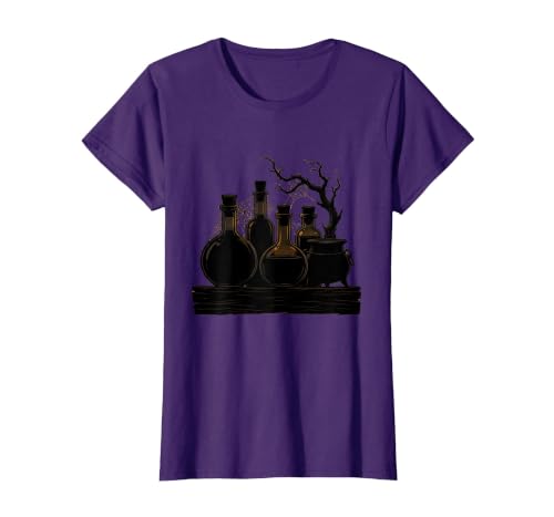 Mademark Vintage Halloween Potion Bottles Dusty Shelf T-Shirt - size chart