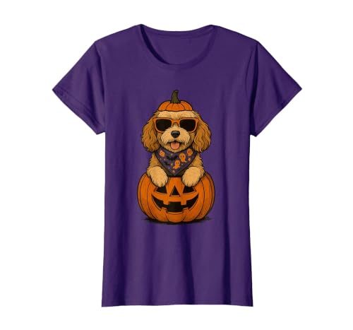 Funny Retro Maltipoo mom Halloween Spooky Cavapoo Pumpkin Halloween Doodle Dog Lover T-Shirt - size chart