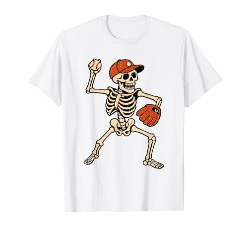 Funny Skeleton Baseball Tee Skeleton Baseball Halloween Costume Pitcher Sport Player T-Shirt - size chart