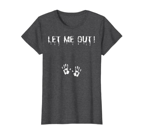 Spooky Halloween Costume Outfit Vintage Let Me Out Pregnancy Hand Print Pregnant Halloween T-Shirt - size chart
