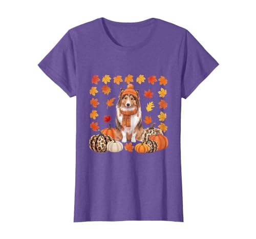 Shetland Sheepdog Sheltie Shop Sheltie Shetland Sheepdog Pumpkins Fall Leaves Halloween T-Shirt - size chart