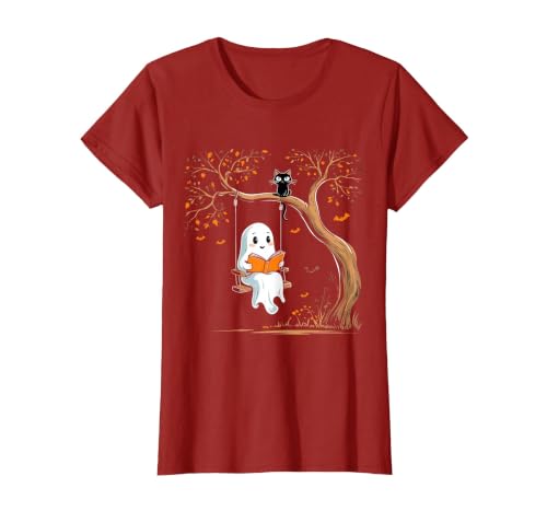 Halloween Ghost Swing Reading Vintage Ghost Swing Reading Book Swinging Halloween Costume T-Shirt - size chart