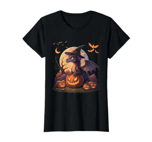 Halloween Dragons Fantasy Spooky Witchy Cute Halloween Dragon Witch Hat Pumpkin Moon Fantasy T-Shirt - size chart