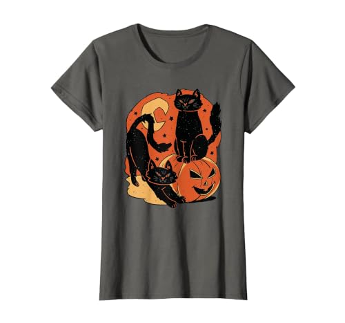 Halloween scary black cat Vintage Scary Halloween Black Cats and Pumpkin T-Shirt - size chart