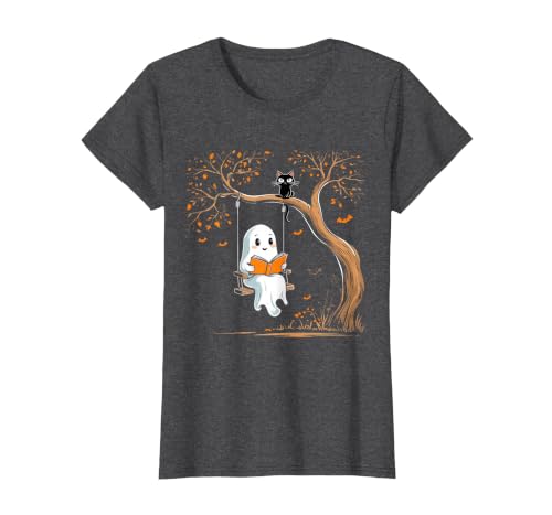 Halloween Ghost Swing Reading Vintage Ghost Swing Reading Book Swinging Halloween Costume T-Shirt - size chart