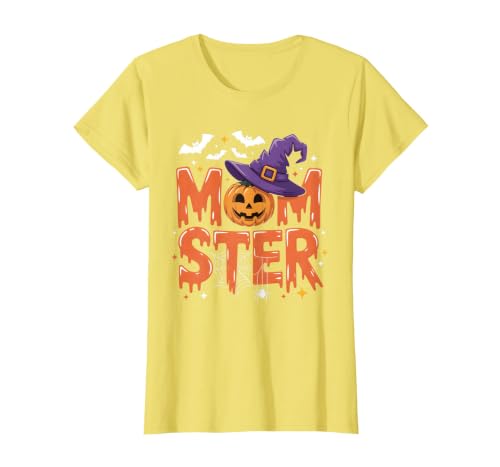Mom-ster Halloween Funny Witch Hat Pumpkin Mom Momster Mom Mommy Matching Family Halloween Costume Women T-Shirt - size chart