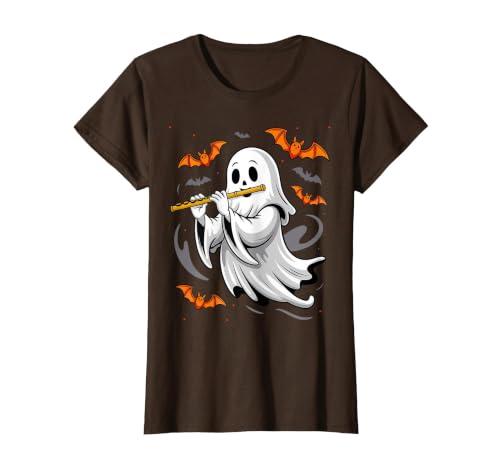 Ghost Halloween Lover Gift Co. Boo Ghost Playing Flute Halloween Musical Instrument T-Shirt - size chart