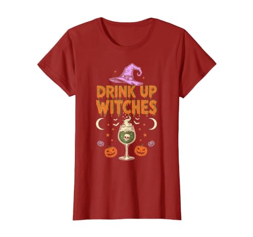 Funny Halloween Tees for Men Women Kids. Drink Up Witches Purple Hat Funny Halloween Men Women T-Shirt - size chart