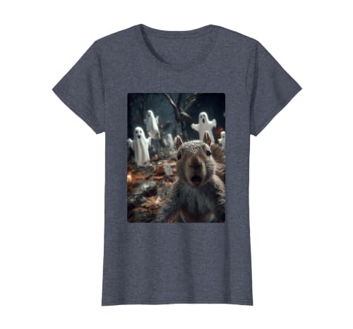 Funny Halloween Animals Selfies Clothing Funny Squirrel Selfie with Ghosts Haunted Forest Halloween T-Shirt - size chart