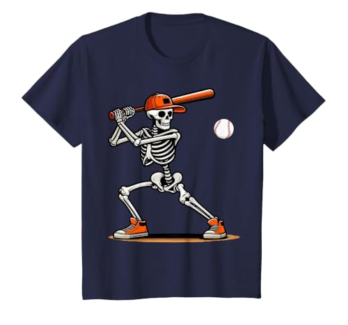 Funny Halloween Skeleton Sports Boys Costume Baseball Skeleton Spooky Boys Halloween Baseball Player T-Shirt - size chart