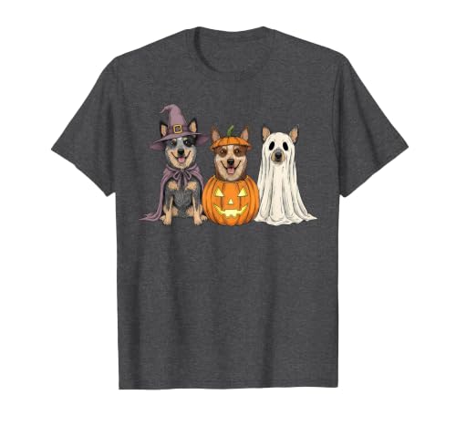 Funny Retro Australian Cattle Dog Halloween Witch Spooky Ghost Blue Heeler Pumpkin Halloween Dog Lover T-Shirt - size chart
