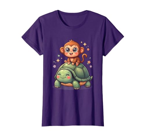 Mademark Small Monkey Riding Giant Tortoise Funny Animal Art T-Shirt - Women - size chart