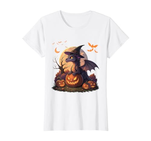 Halloween Dragons Fantasy Spooky Witchy Cute Halloween Dragon Witch Hat Pumpkin Moon Fantasy T-Shirt - size chart
