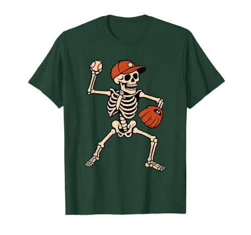 Funny Skeleton Baseball Tee Skeleton Baseball Halloween Costume Pitcher Sport Player T-Shirt - size chart