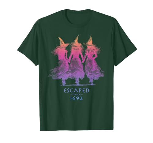 Escaped Since 1692 Halloween Escaped Since 1692 Funny Witch Halloween Design T-Shirt - size chart