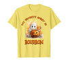 Boo Watercolor Pumpkin Cup Light Witch Hat Bottle Bourbon My Favorite Spirit is Bourbon Happy Halloween Boo T-Shirt - size