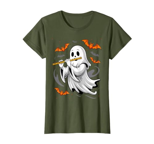 Ghost Halloween Lover Gift Co. Boo Ghost Playing Flute Halloween Musical Instrument T-Shirt - size chart
