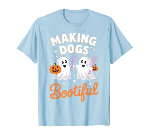 Dog Lover Spooky Grooming Groomer Attire Pet Groomer Funny Halloween Making Dogs Bootiful T-Shirt - size chart
