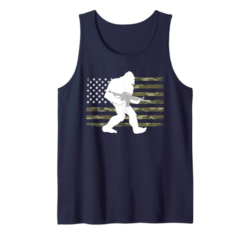 2nd Amendment Right to Bear Arms Camouflage Guns Bigfoot Gun Owner Camo US American Flag Sasquatch AR15 Rifle Tank Top - size chart