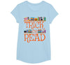 Trick or Read Funny Halloween Teacher Book Library Reading T-Shirt - size chart