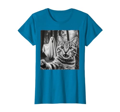 Halloween Cat Selfie with Spooky Ghost t -shir t Halloween Cat Selfie with Spooky Ghost T-Shirt - size chart