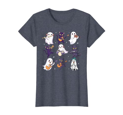 Halloween Music Teacher Ghost Music Lover Cute Ghost Cat Playing Musical Halloween Music Teacher T-Shirt - size chart