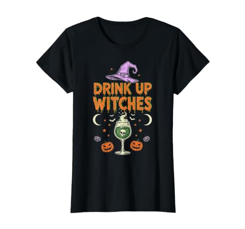Funny Halloween Tees for Men Women Kids. Drink Up Witches Purple Hat Funny Halloween Men Women T-Shirt - size chart