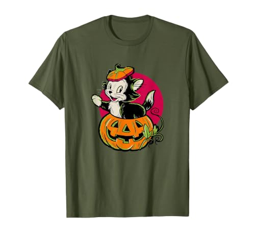 Disney Pinocchio Halloween Figaro Inside A Pumpkin Retro T-Shirt - size chart