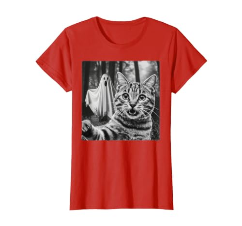 Halloween Cat Selfie with Spooky Ghost t -shir t Halloween Cat Selfie with Spooky Ghost T-Shirt - size chart