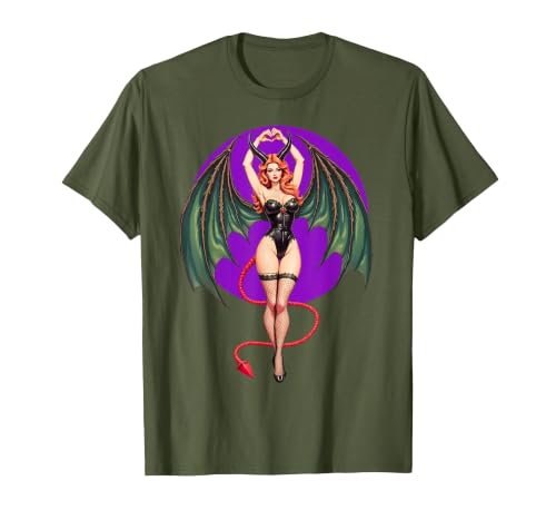 Classic Vintage Pin-Up Sexy Girl by YUX Sexy Succubus Monster Halloween Hand Heart Pin-Up Girl Devil T-Shirt - size chart