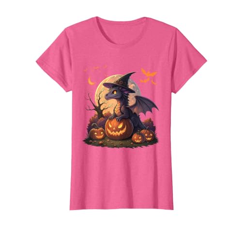 Halloween Dragons Fantasy Spooky Witchy Cute Halloween Dragon Witch Hat Pumpkin Moon Fantasy T-Shirt - size chart