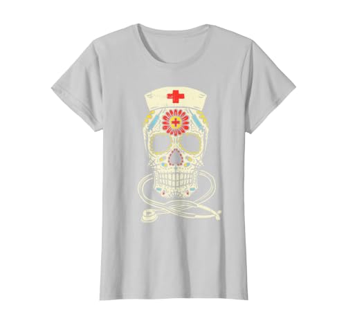 Halloween Nurse Shirts For Women Scrub Costumes Nurse Sugar Skull Stethoscope RN Medical Halloween Costume T-Shirt - size