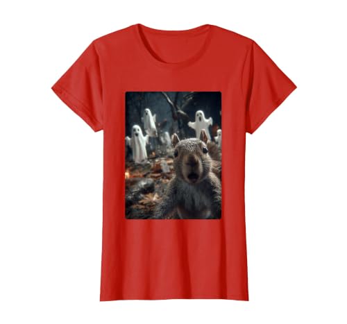 Funny Halloween Animals Selfies Clothing Funny Squirrel Selfie with Ghosts Haunted Forest Halloween T-Shirt - size chart