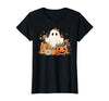 Ghost Halloween Flower Costume Floral Women Cute Ghost with Flower Halloween Pumpkin Autumn Women T-Shirt - size chart