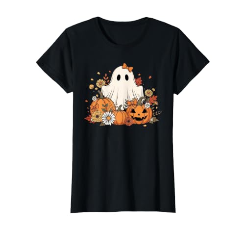 Ghost Halloween Flower Costume Floral Women Cute Ghost with Flower Halloween Pumpkin Autumn Women T-Shirt - size chart