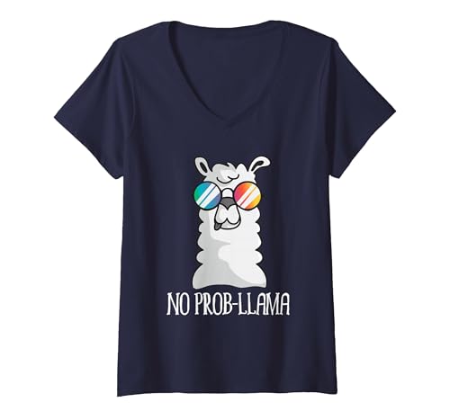 Llama Life Apparel Women's No Prob-Llama No Problem Cute Funny Cool Llama Alpaca V-Neck T-Shirt - size chart