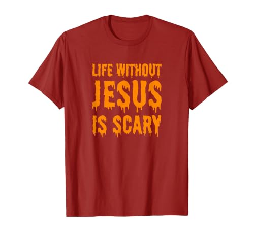 Life Without Jesus Is Scary Novelty Co. Life Without Jesus is Scary Halloween Christian Costume T-Shirt - size chart