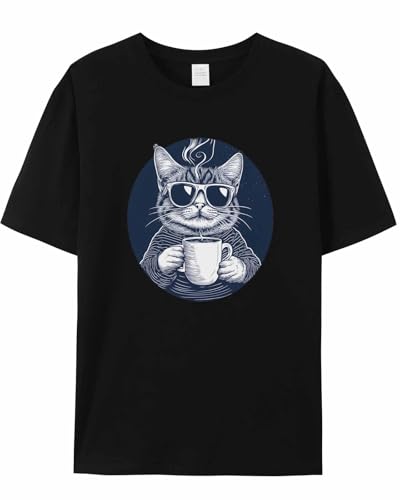 NITBANLA T-Shirts for Men, Cat Coffee Crew Neck Cotton T-Shirt Men's Short Sleeve,Black-XL - size chart